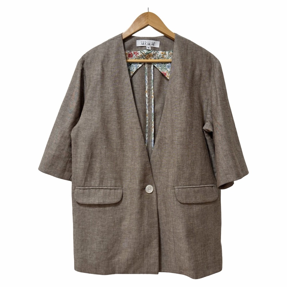 Christine Alcalay Womens Linen Blend 1/2 Sleeve Blazer Size M Taupe Brown Luxe‎